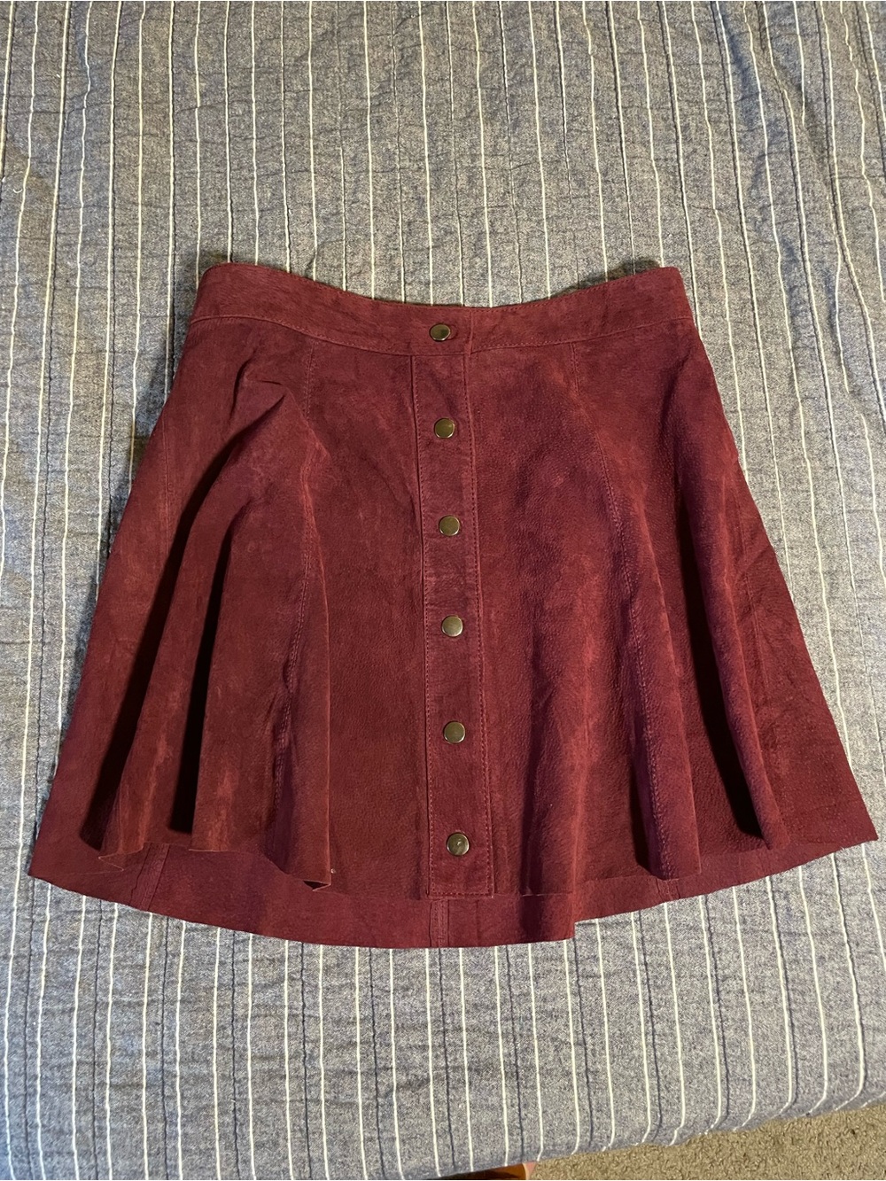 Button-Front Burgundy 100% Pigskin Leather A-Line Skirt